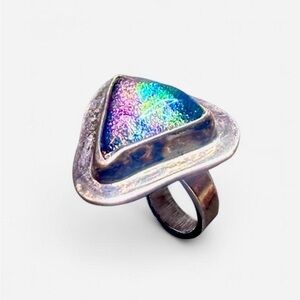Vtg Triangular Sterling Mexican Dichroic Rainbow Glass Globe Ring
